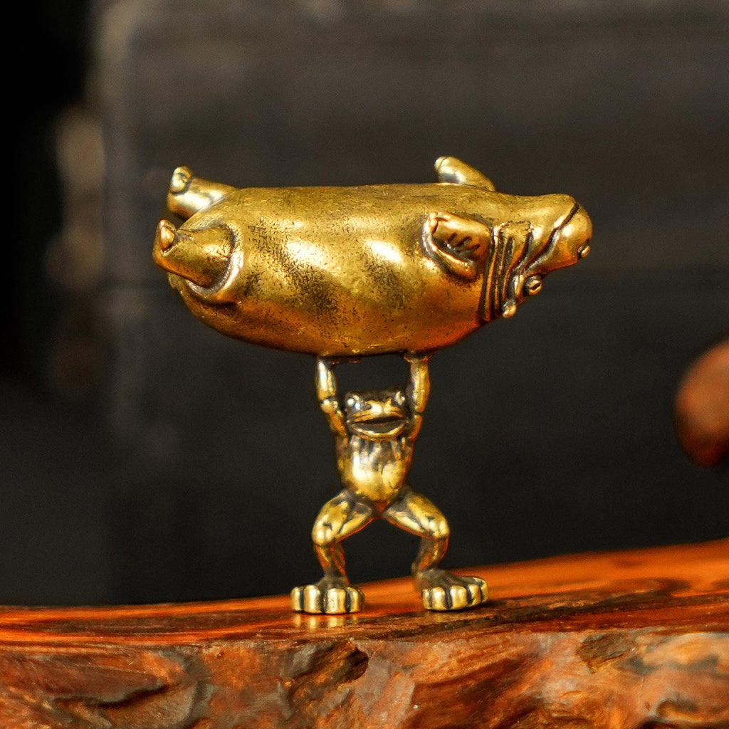 Reversible Frog & Hippo Sculpture – Solid Brass Whimsical Desk Art, Playful Dual Pose Decor