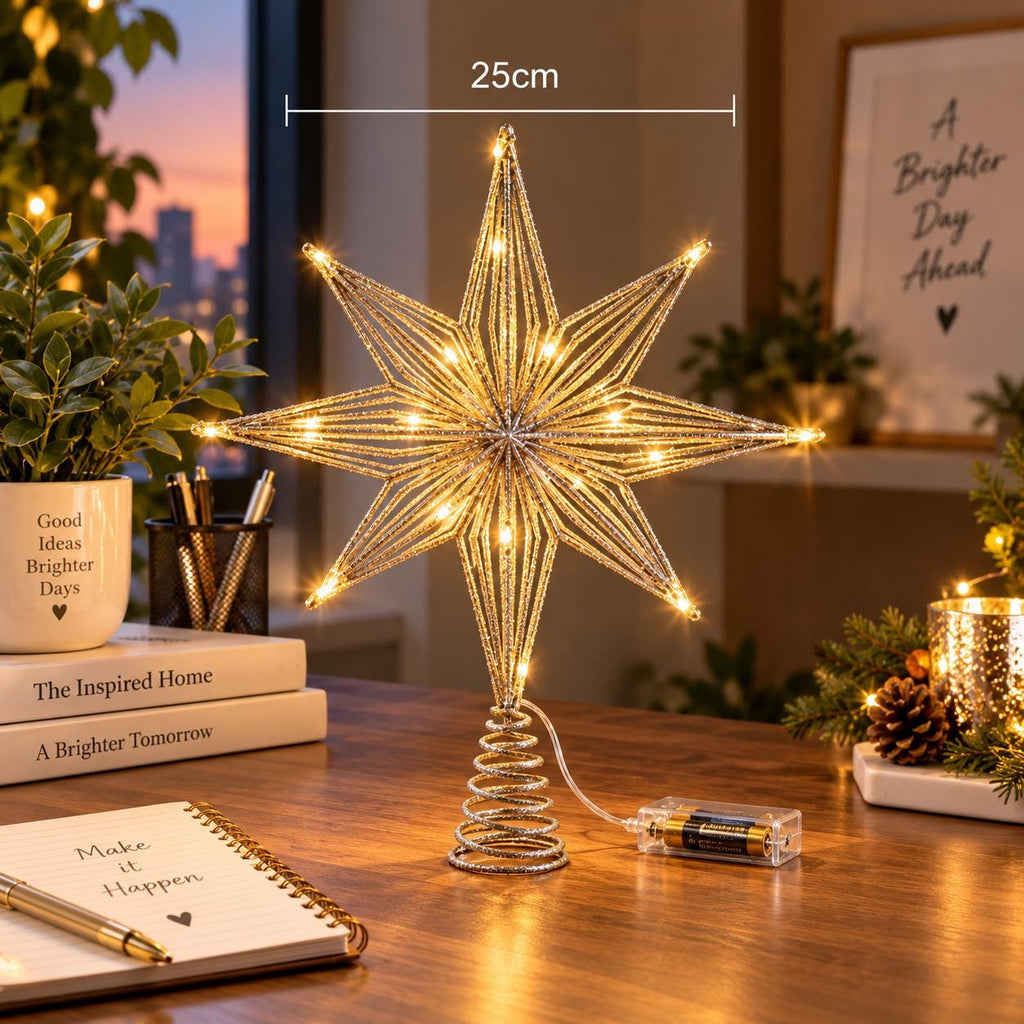 Christmas Tree Star Topper with LED Lights, Warm White Glitter Star, Lighted Holiday Decor