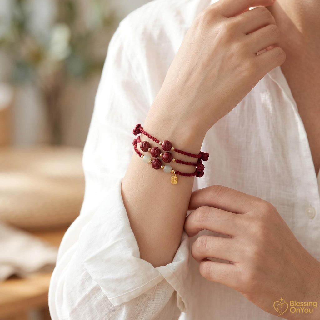Cinnabar Lotus Red String Bracelet | Buddhist Meditation Bracelet | Handmade Protection Charm | Jade Fu Lucky Spiritual Bracelet Gift