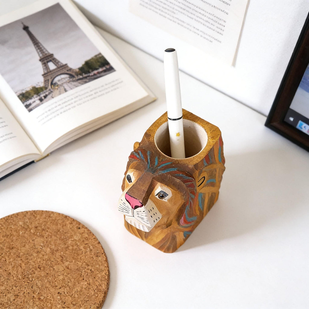Lion Pencil Holder Wooden, Cute Animal Pen Holder, Desk Organizer Cup, Hand Carved Lion Decor, Wooden Desk Decor, Animal Desk Organizer