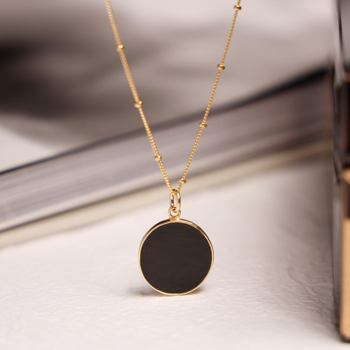 Black Obsidian Circle Pendant Necklace - Minimalist geometric jewelry on 18, 20 or 24 inch 14k gold filled satellite chain - Jewelry Gift