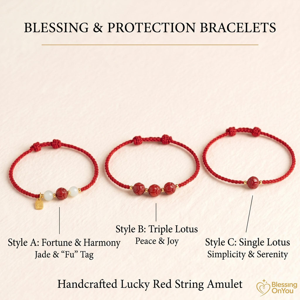 Cinnabar Lotus Red String Bracelet | Buddhist Meditation Bracelet | Handmade Protection Charm | Jade Fu Lucky Spiritual Bracelet Gift
