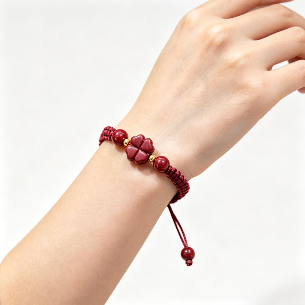 Red String Bracelet,Cinnabar Bracelet,Four Leaf Clover Bracelet, Lucky Charm Jewelry, Good Luck Gift, Handmade Inspired Jewelry Gift For Her