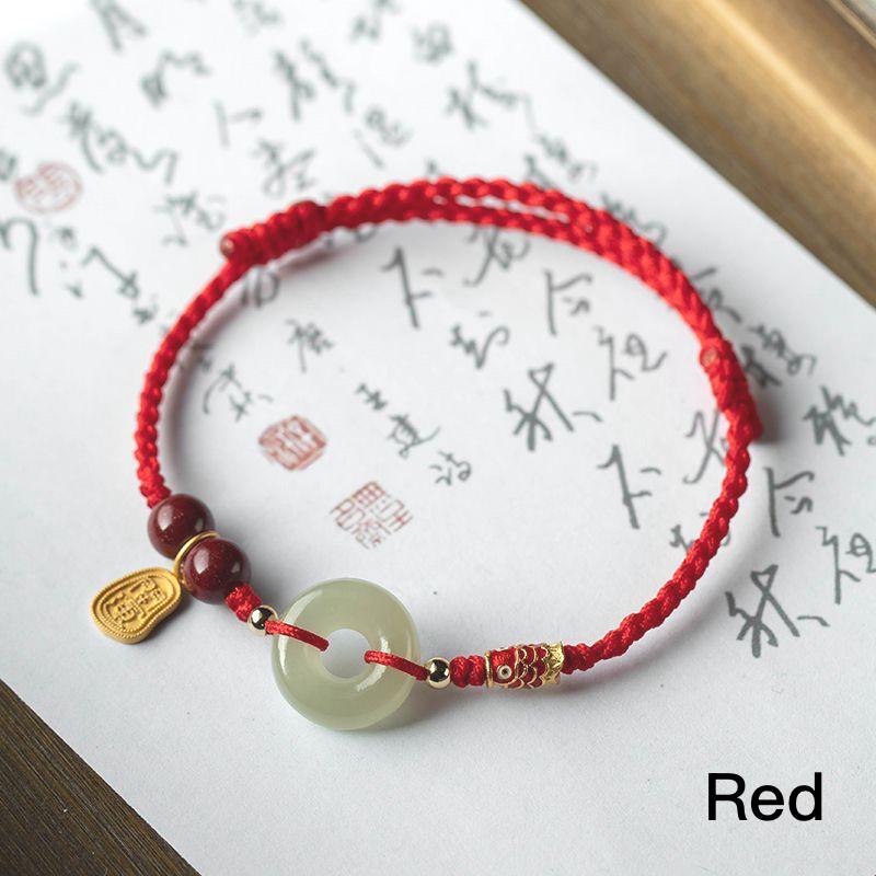Lucky Red String Bracelet, Handmade Jade Circle Bracelet, Braided Protection Bracelet, Koi Charm Bracelet, Adjustable Gift for Her