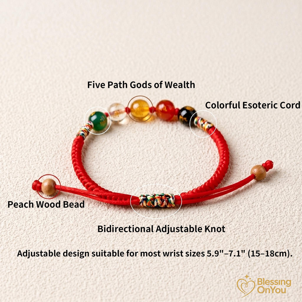 Five Gods Of Wealth Bracelet, 5 Roads Prosperity Bracelet, Woven Hand Rope, Buddhist talisman, Feng Shui Good Luck, Abundance & Protection