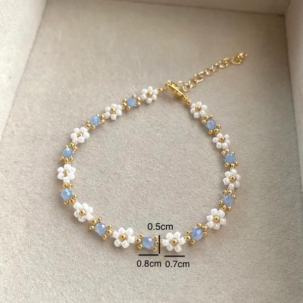 Beaded Flower Bracelet, 18K Gold Plated Bracelet, Blue Floral Bracelet, Aesthetic Flower Bracelet, Gift for Her, Birthday Gift