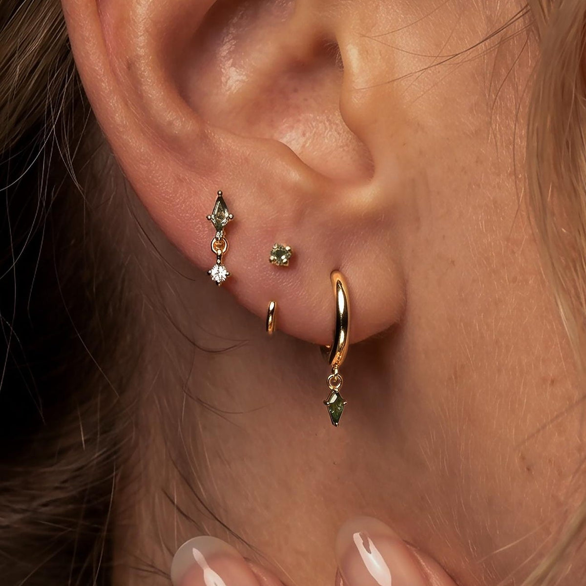 Moss Agate Earring Set, Gold Huggie Hoops, Flat Back Stud & CZ Diamond, Sterling Silver Ear Stack, Open Huggie, Kite Gemstone Nap Earrings.