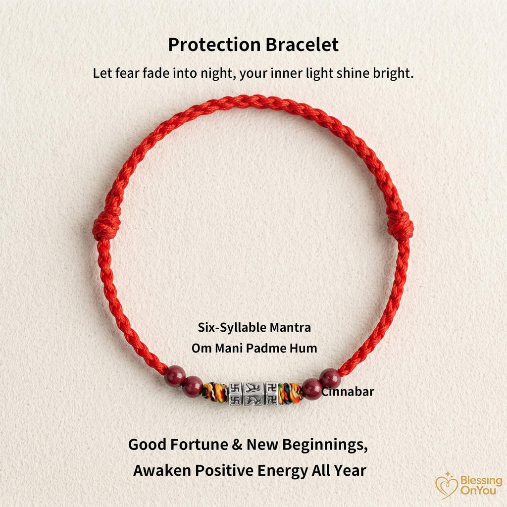 Tibetan Six Syllable Mantra Bracelet | Handwoven Red String Protection Bracelet | Cinnabar Energy Amulet | Buddhist Blessing Gift