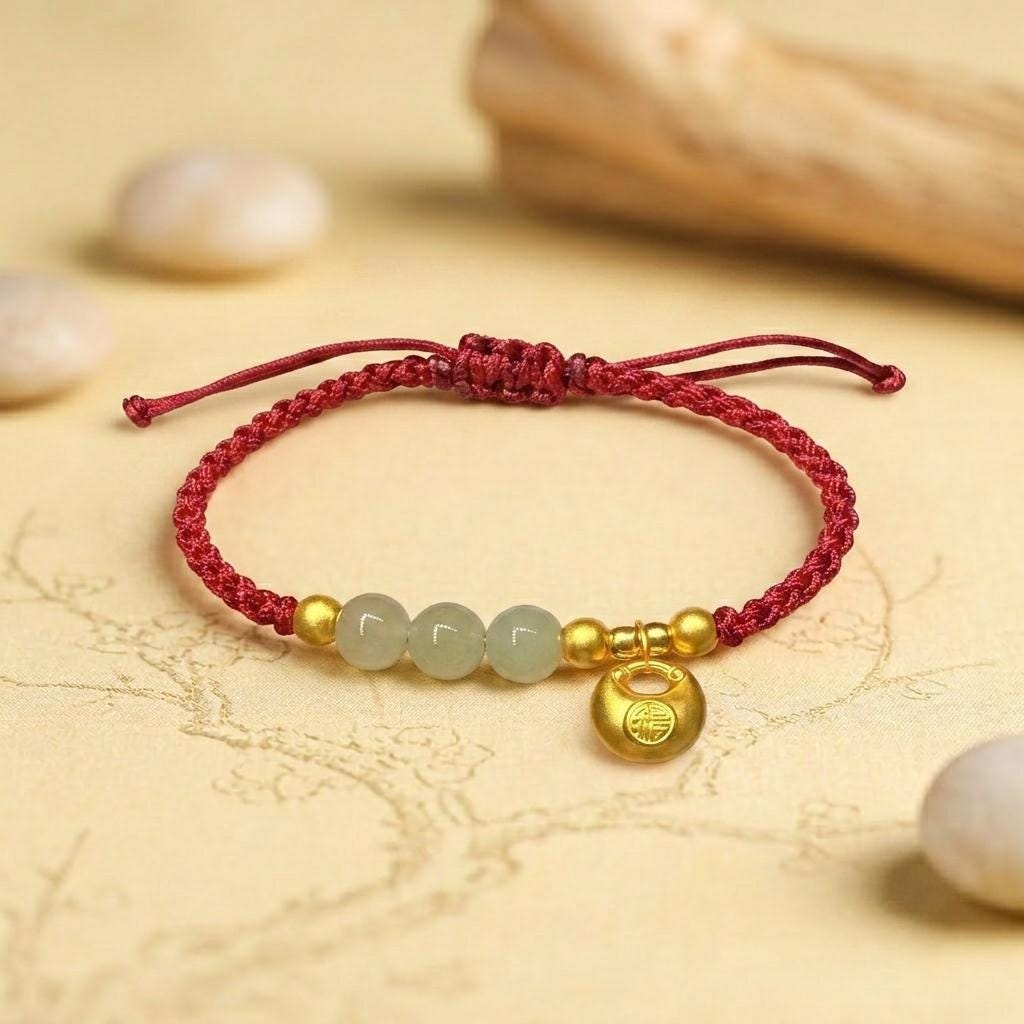 Red String Bracelet Jade Beaded Bracelet, Lucky Fu Charm Bracelet, Fortune Bag Charm Jewelry, Adjustable Handmade Gift for Her