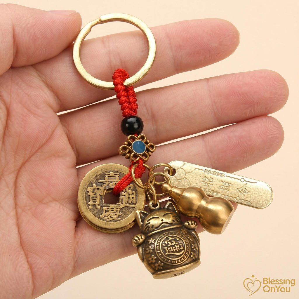 Feng Shui Lucky Cat Keychain, Five Emperor Coins Brass Keychain, Pixiu Wealth Charm, Wu Lou Gourd, Protection Amulet, Lucky Gift