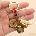 Feng Shui Lucky Cat Keychain, Five Emperor Coins Brass Keychain, Pixiu Wealth Charm, Wu Lou Gourd, Protection Amulet, Lucky Gift
