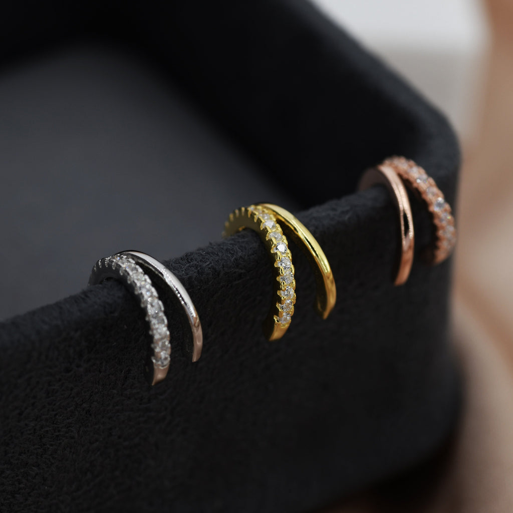 Double Hoop Effect Earrings in Sterling Silver, CZ Pave Hoop Earrings, Silver, Gold, Rose Gold, Dainty and Delicate