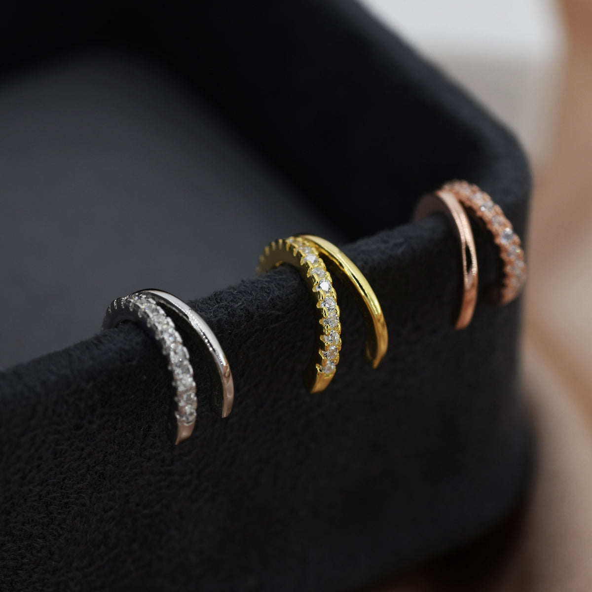 Double Hoop Effect Earrings in Sterling Silver, CZ Pave Hoop Earrings, Silver, Gold, Rose Gold, Dainty and Delicate