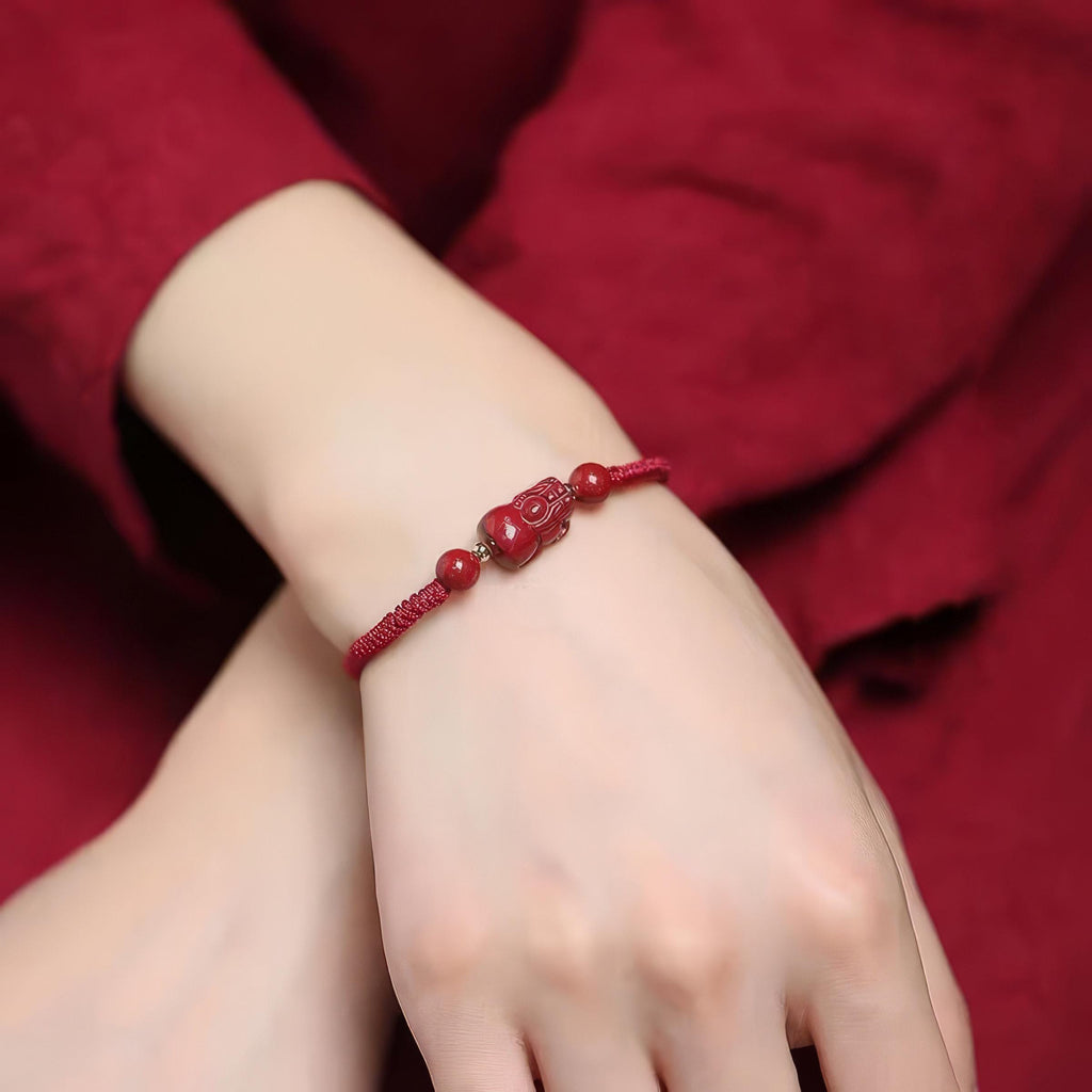 Hand-Carved Cinnabar Pixiu Bracelet | Red String Chinese Knot Prosperity Charm