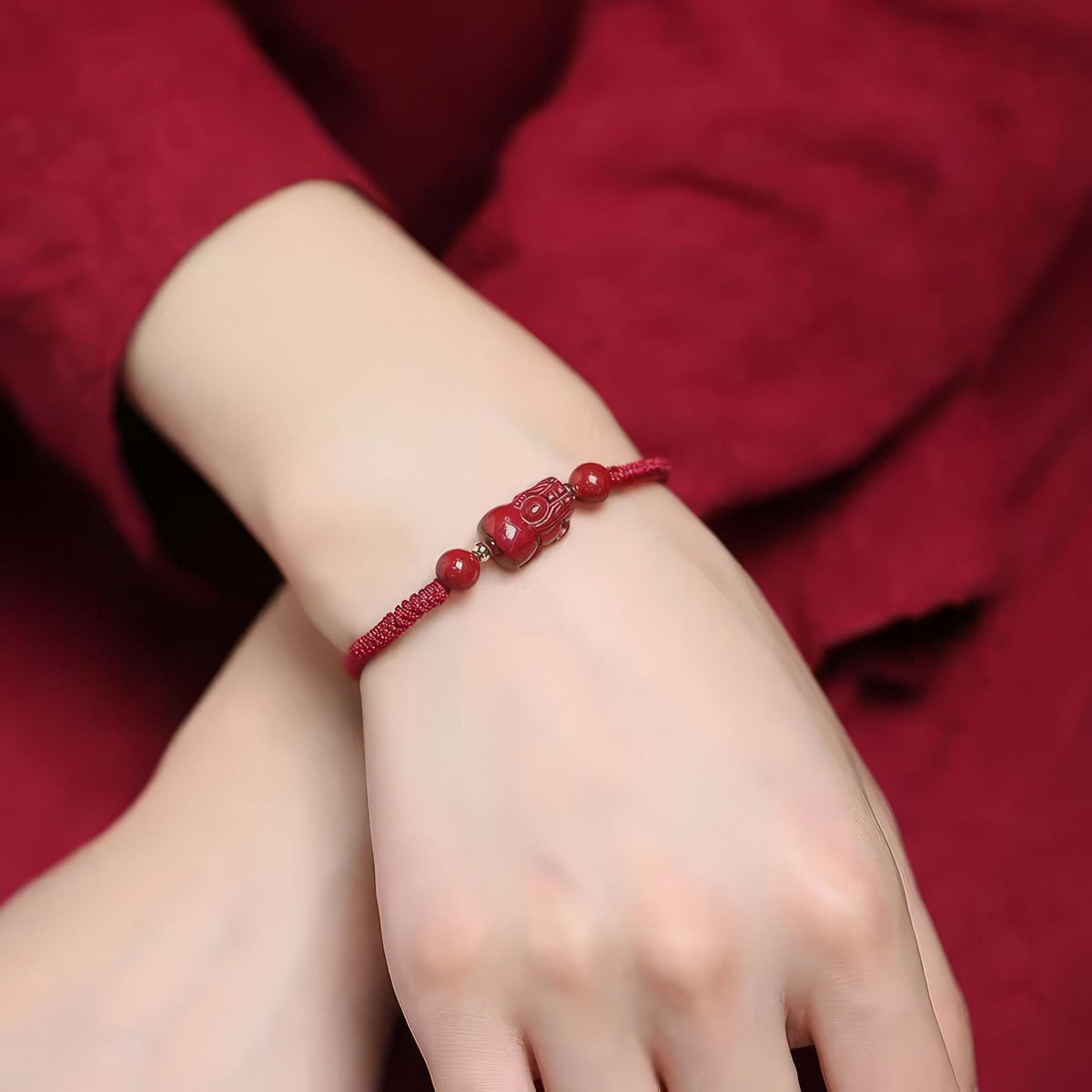 Hand-Carved Cinnabar Pixiu Bracelet | Red String Chinese Knot Prosperity Charm