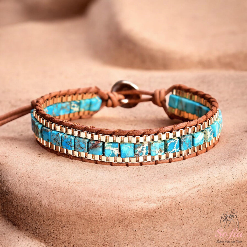 Turquoise Stone Bracelet - Natural Boho Cube Gemstone Bracelet - Turquoise Crystal Healing Bracelet - Gift for her, gift for him