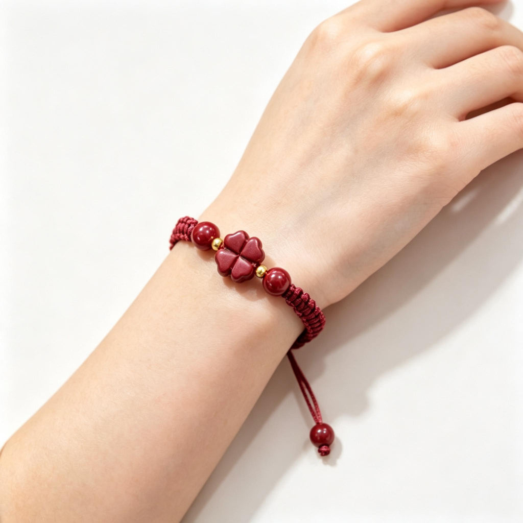 Red String Bracelet,Cinnabar Bracelet,Four Leaf Clover Bracelet, Lucky Charm Jewelry, Good Luck Gift, Handmade Inspired Jewelry Gift For Her