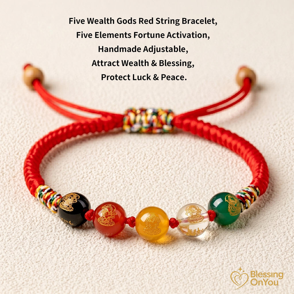 Five Gods Of Wealth Bracelet, 5 Roads Prosperity Bracelet, Woven Hand Rope, Buddhist talisman, Feng Shui Good Luck, Abundance & Protection