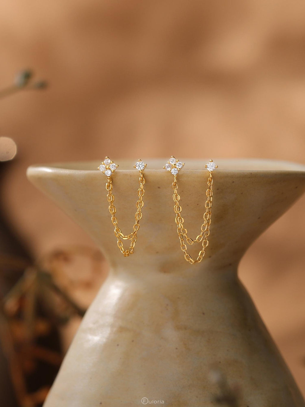 Double Piercing Diamond Stud Earrings, Gold Dangling Chain Earrings, Two Hole Gemstone Earrings, CZ Drop Earrings, Birthday Gift for Her