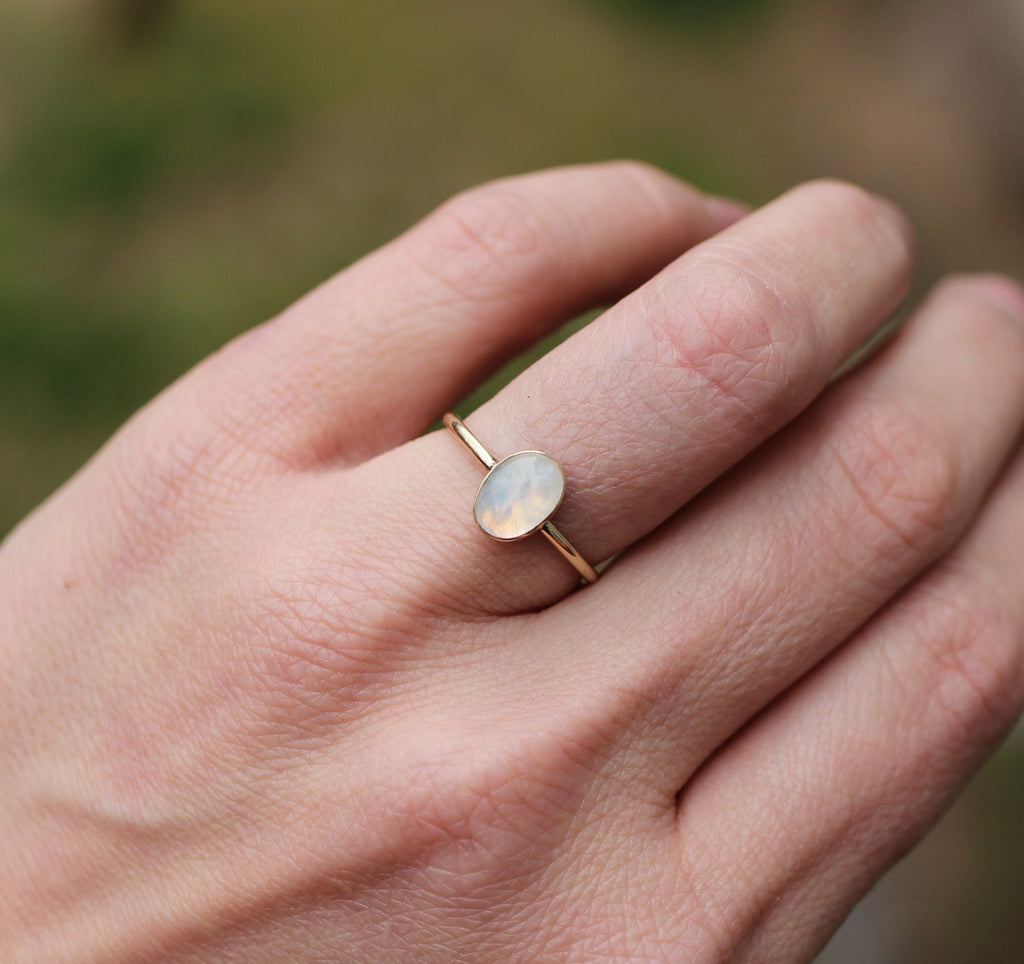 14K Gold Filled or Sterling Silver Rainbow Moonstone Ring: Oval Stacking Ring
