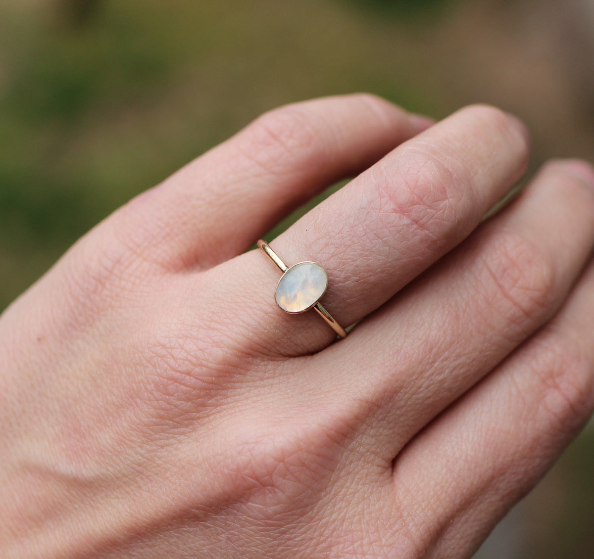14K Gold Filled or Sterling Silver Rainbow Moonstone Ring: Oval Stacking Ring