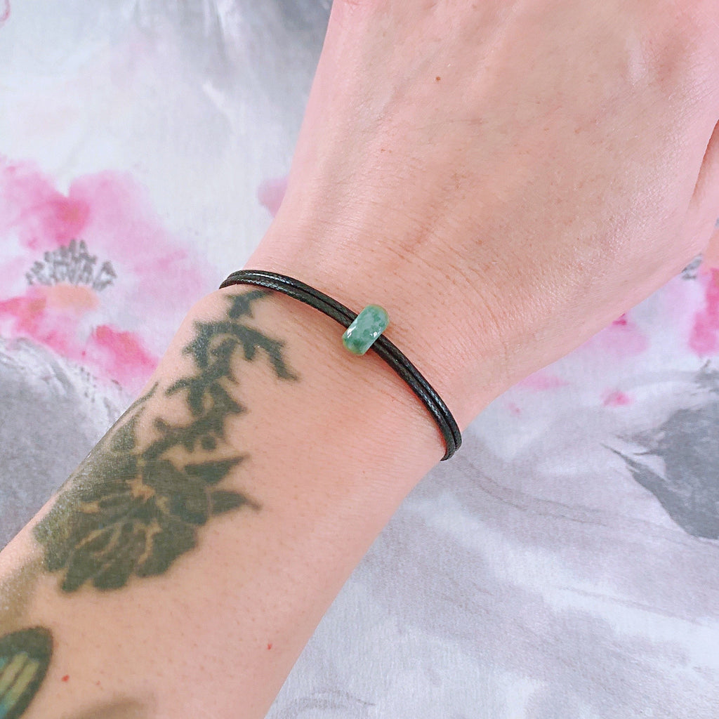 Green Jade Donut Bracelet: Red String Amulet, Adjustable Cord