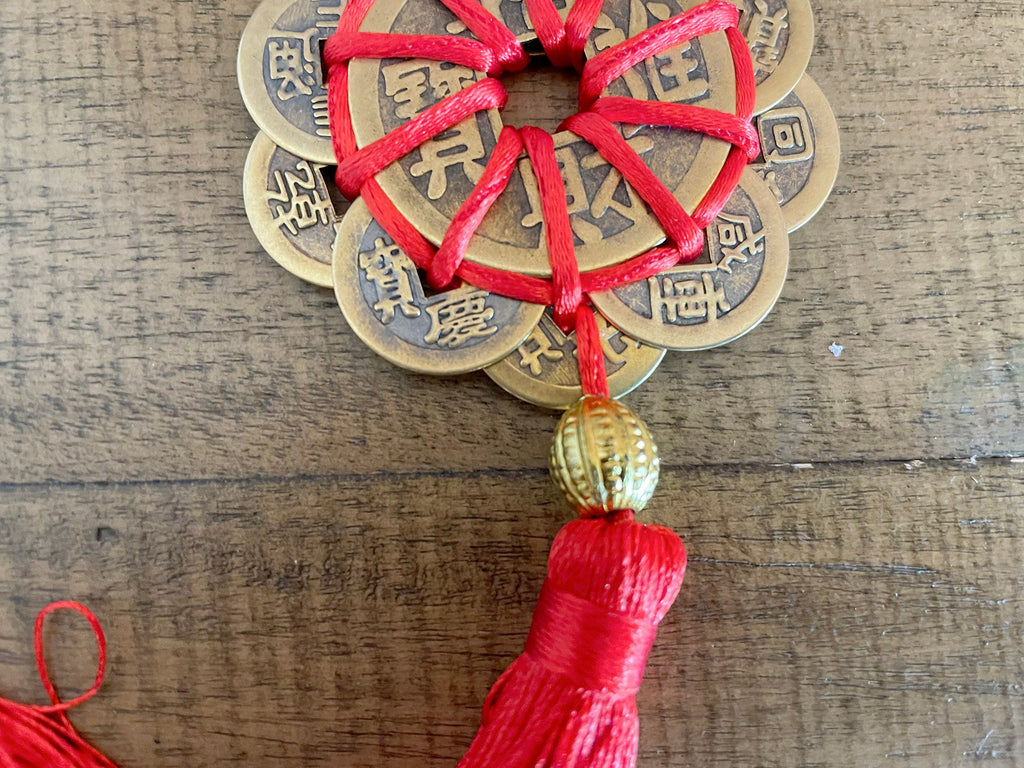 Brass Chinese Feng Shui I Ching Divination Coins Red Tassel Ancient Chinese Dynasty Time Coin Good Luck Health Wealth招财进宝