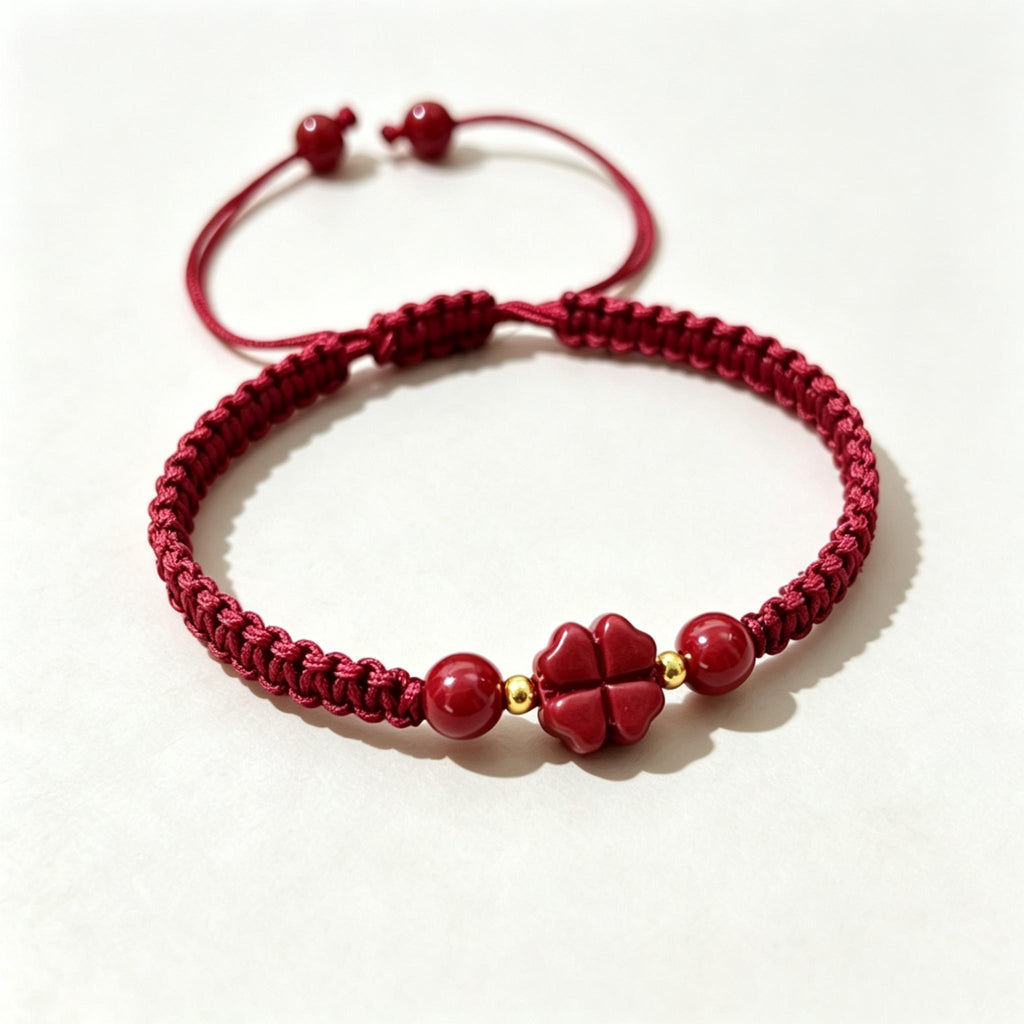Red String Bracelet,Cinnabar Bracelet,Four Leaf Clover Bracelet, Lucky Charm Jewelry, Good Luck Gift, Handmade Inspired Jewelry Gift For Her