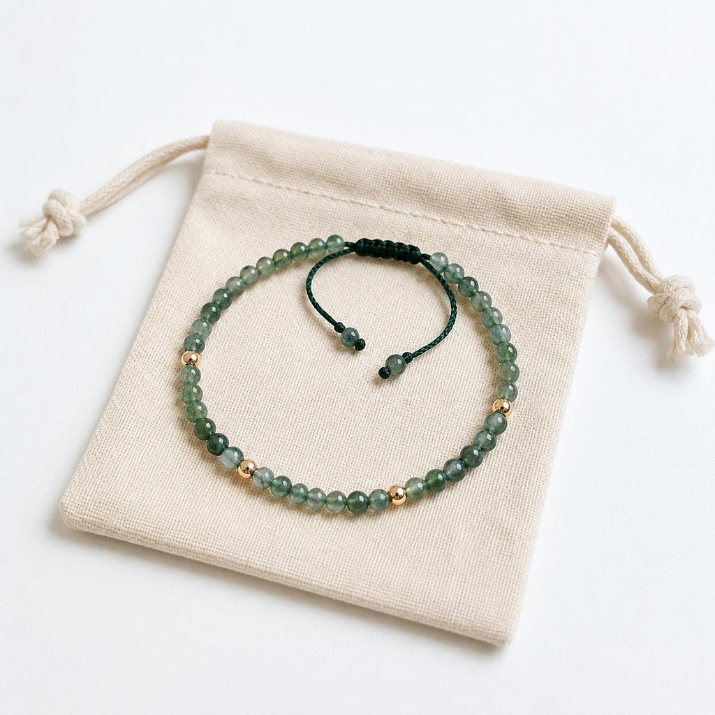 Natural Moss Agate Bracelet - Dainty 4mm Beaded Adjustable Braided Jewelry