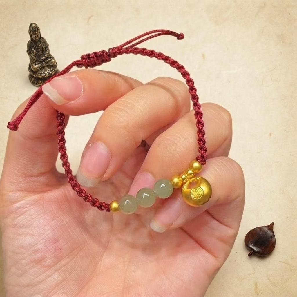 Red String Bracelet Jade Beaded Bracelet, Lucky Fu Charm Bracelet, Fortune Bag Charm Jewelry, Adjustable Handmade Gift for Her