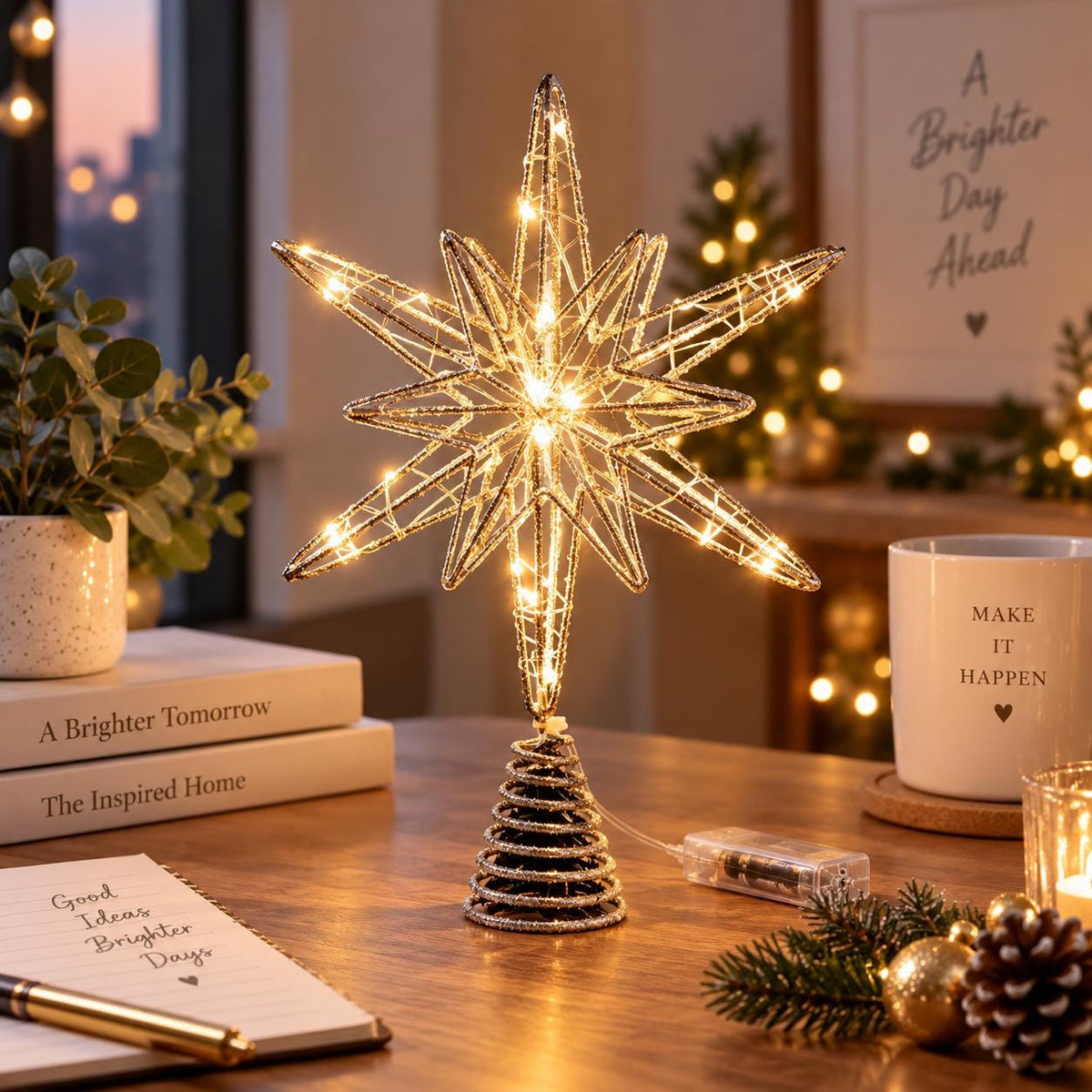 Christmas Tree Star Topper with LED Lights, Warm White Glitter Star, Lighted Holiday Decor