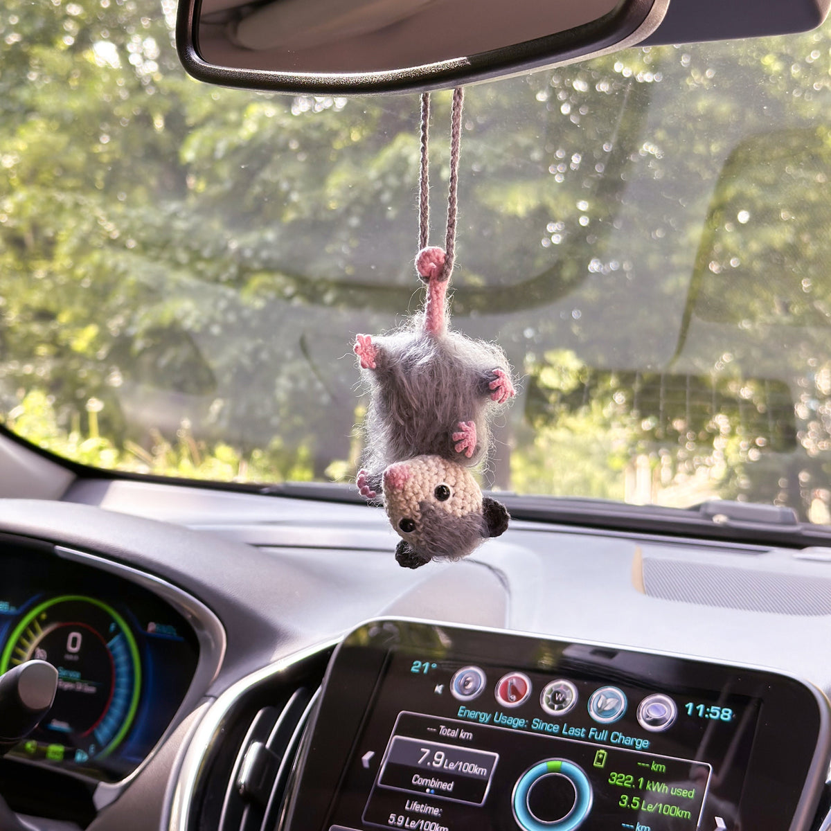Possum RearView Mirror Accessory Crochet Opossum Car Charm, Car Mirror Hanging Accessory Car Decoration, Car Ornament, Crochet Car Accessory