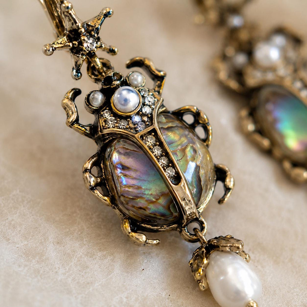 Beetle Earrings, Iridescent Shell and Baroque Pearl Dangles, Victorian Gothic Insect Jewelry