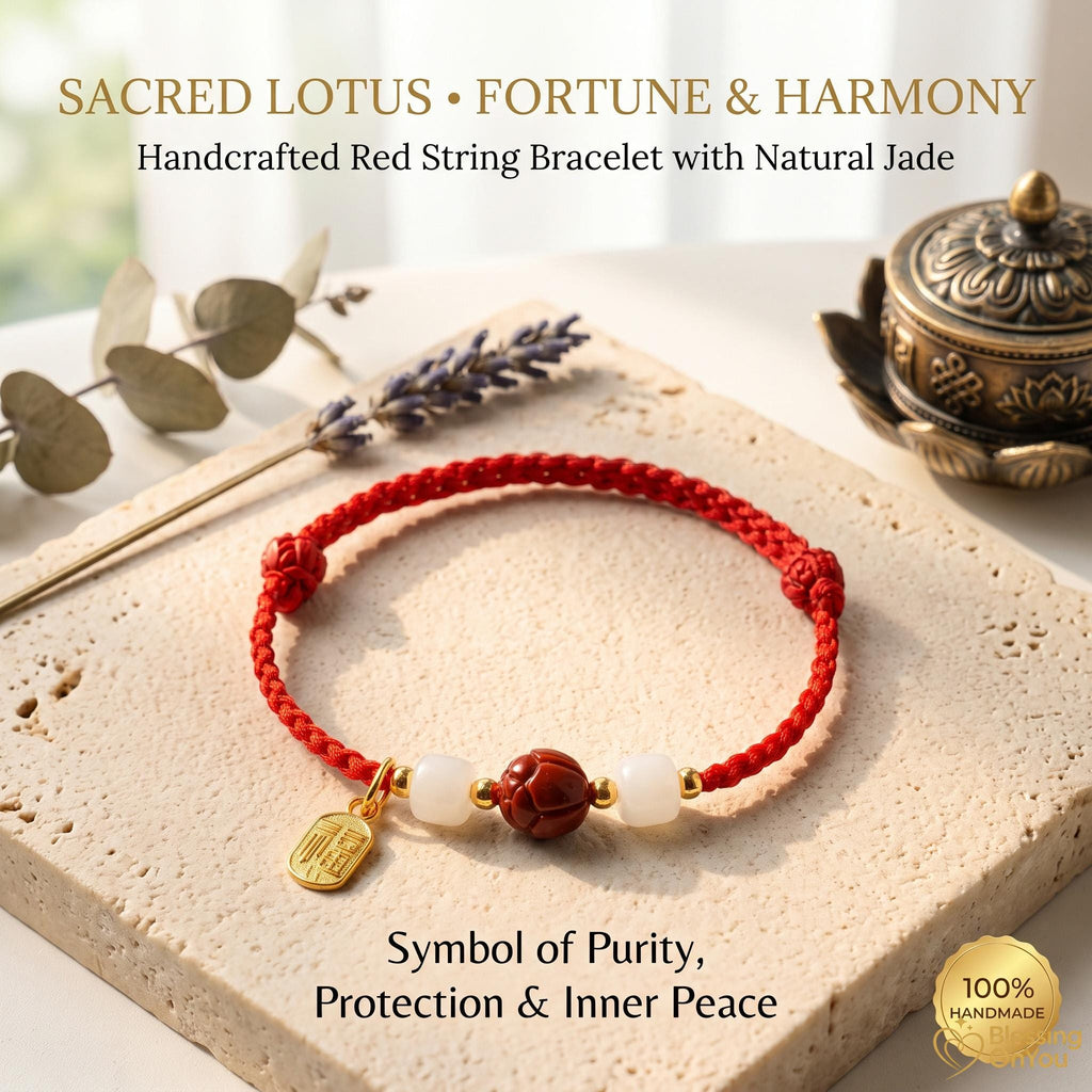 Cinnabar Lotus Red String Bracelet | Buddhist Meditation Bracelet | Handmade Protection Charm | Jade Fu Lucky Spiritual Bracelet Gift