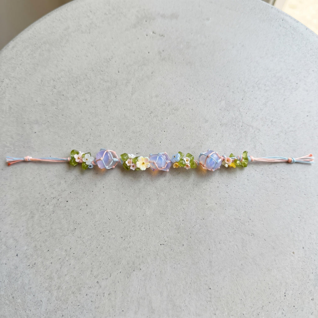 Woven Rope Bracelet with Raw Crystals and Pastel Flowers – Botanical Fairycore Jewelry