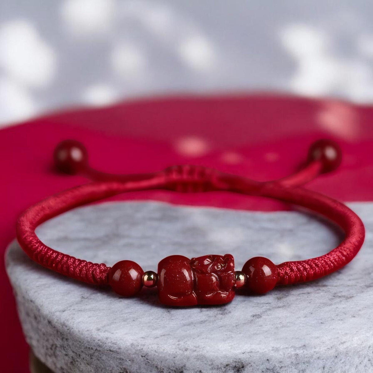 Hand-Carved Cinnabar Pixiu Bracelet | Red String Chinese Knot Prosperity Charm