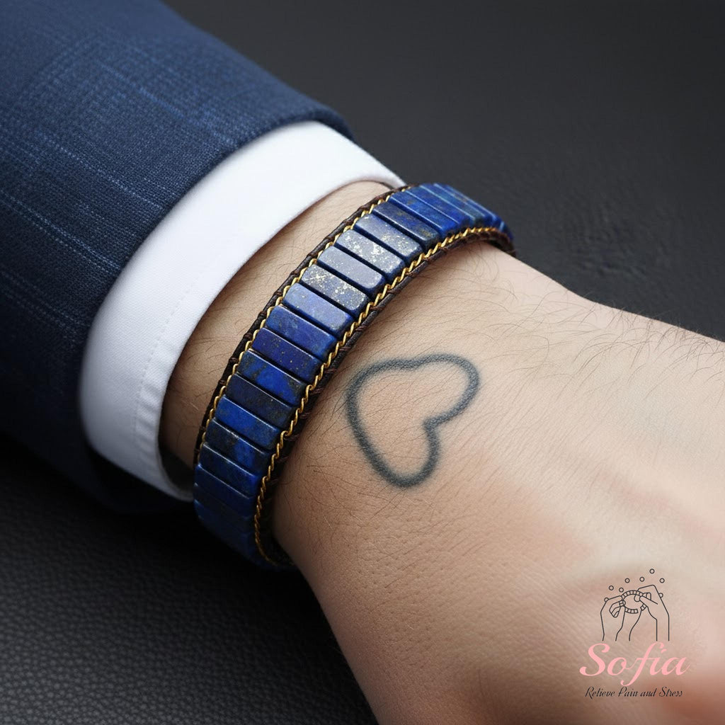 Natural Lapis Lazuli Tube Beaded Braided Bracelet – Blue Gemstone Jewelry – Boho Stackable Bracelet, Adjustable