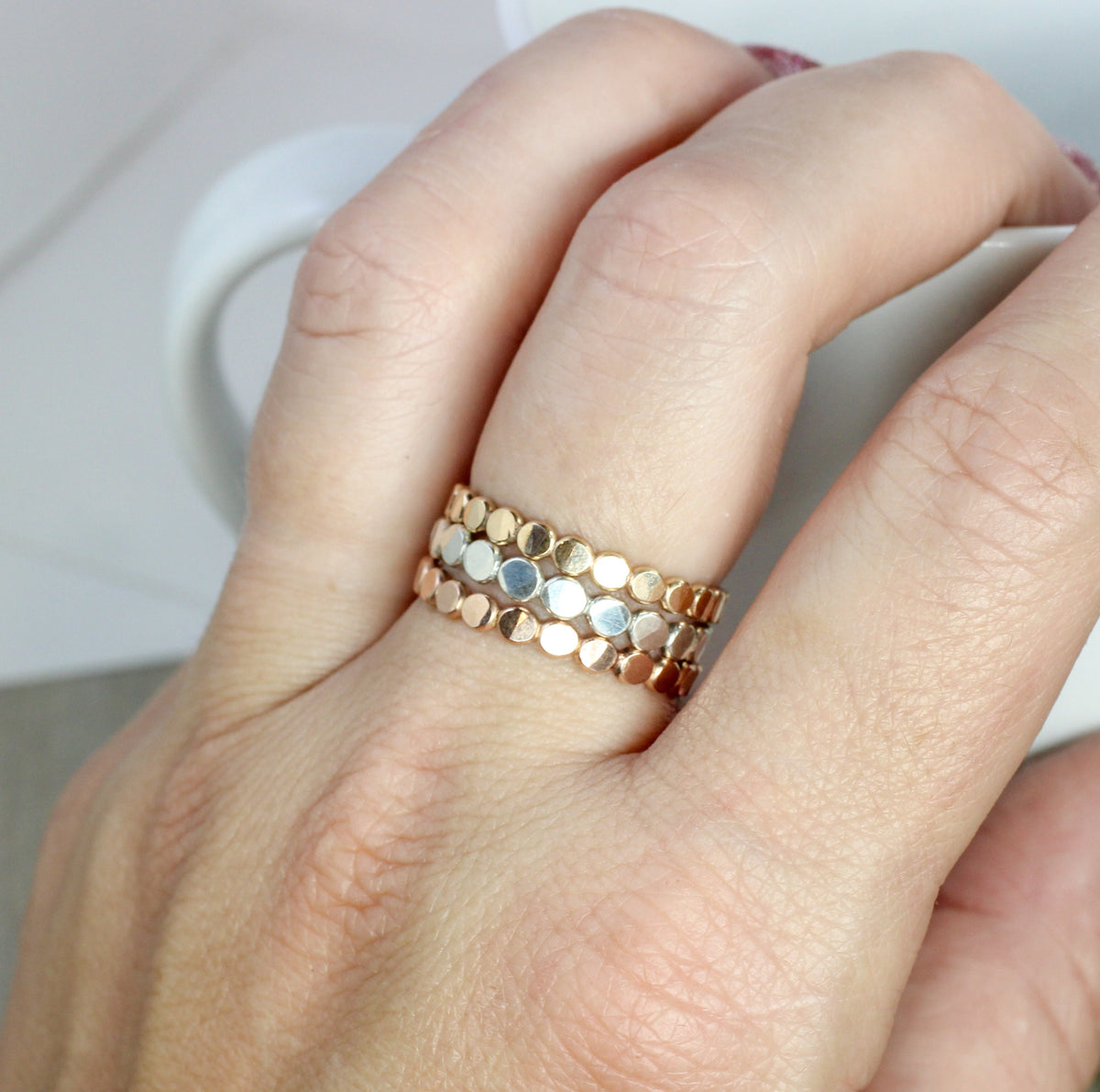 14k Gold Filled Flat Bead Stacking Ring: Sterling Silver & Rose Gold