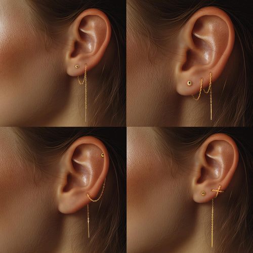 18K Gold Plated Ball Threader Earring: Sterling Silver Double Piercing Chain, second piercing earring, gift for ear piercing, pull through