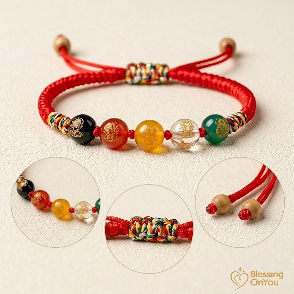 Five Gods Of Wealth Bracelet, 5 Roads Prosperity Bracelet, Woven Hand Rope, Buddhist talisman, Feng Shui Good Luck, Abundance & Protection