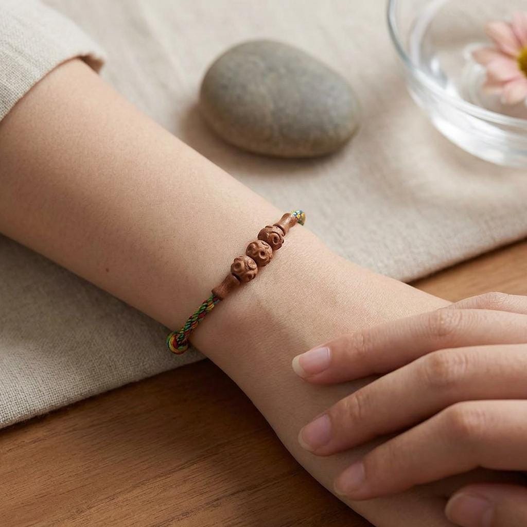 Buddhist Spiritual Five Color Bracelet,Red string bracelet ,Temple Blessed Peach Wood Charm,Feng Shui Protection Amulet