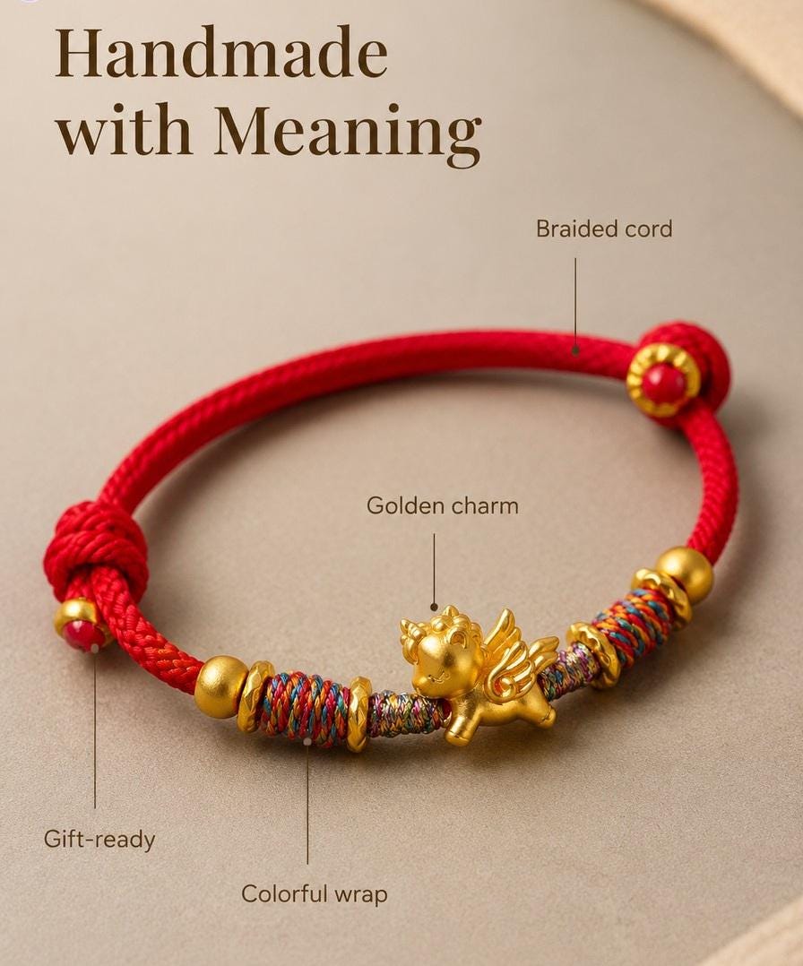 Red Cord Unicorn Bracelet, Handmade Lucky Charm Bracelet, Gold Unicorn Friendship Bracelet, Adjustable Woven Bracelet, Gift for Her
