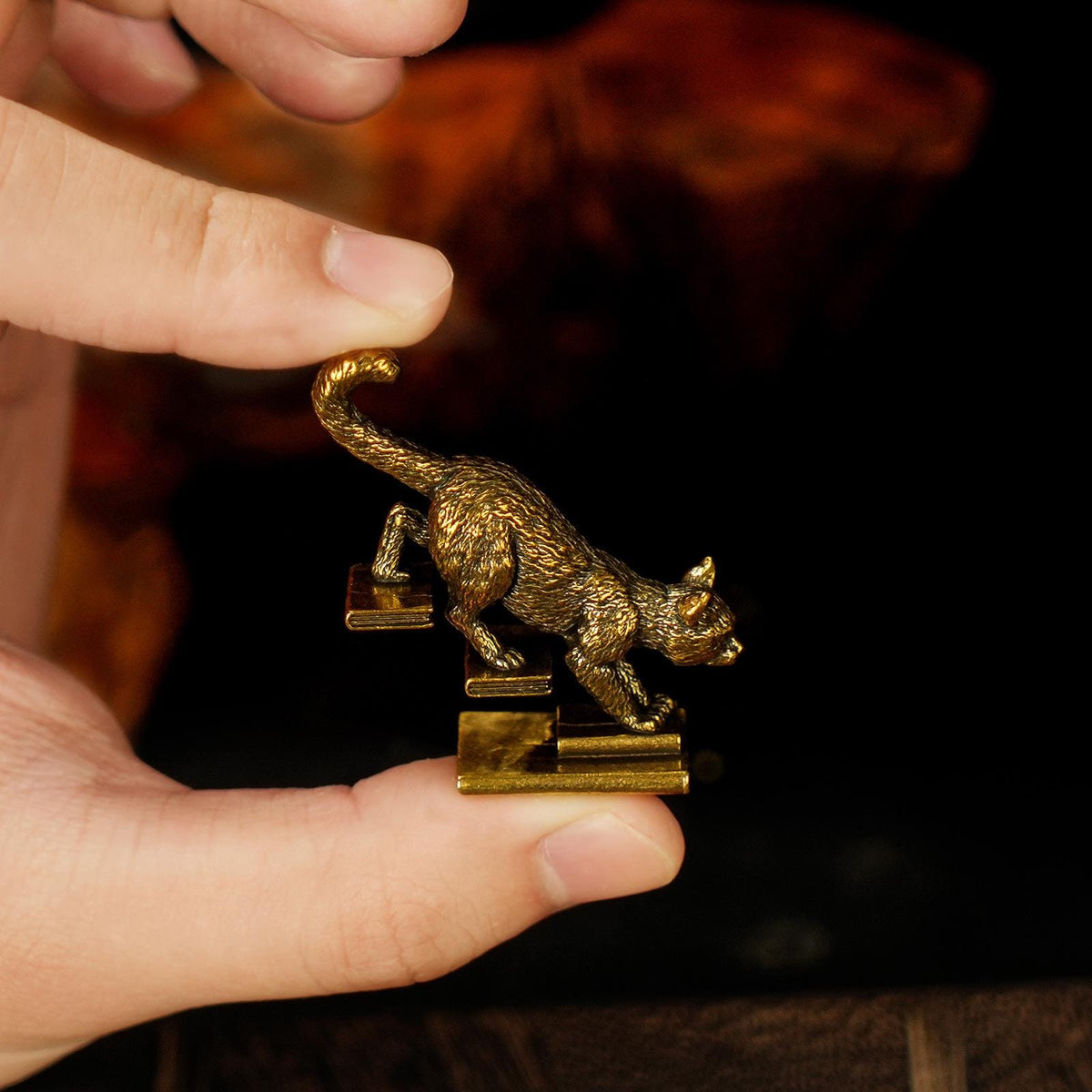 Solid Brass Walking Down Stairs Cat Figurine – Retro Playful Feline Sculpture Home Decor