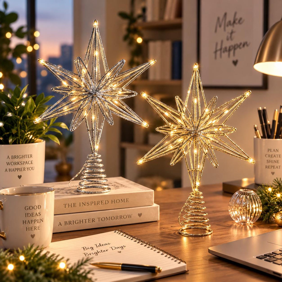 Christmas Tree Star Topper with LED Lights, Warm White Glitter Star, Lighted Holiday Decor