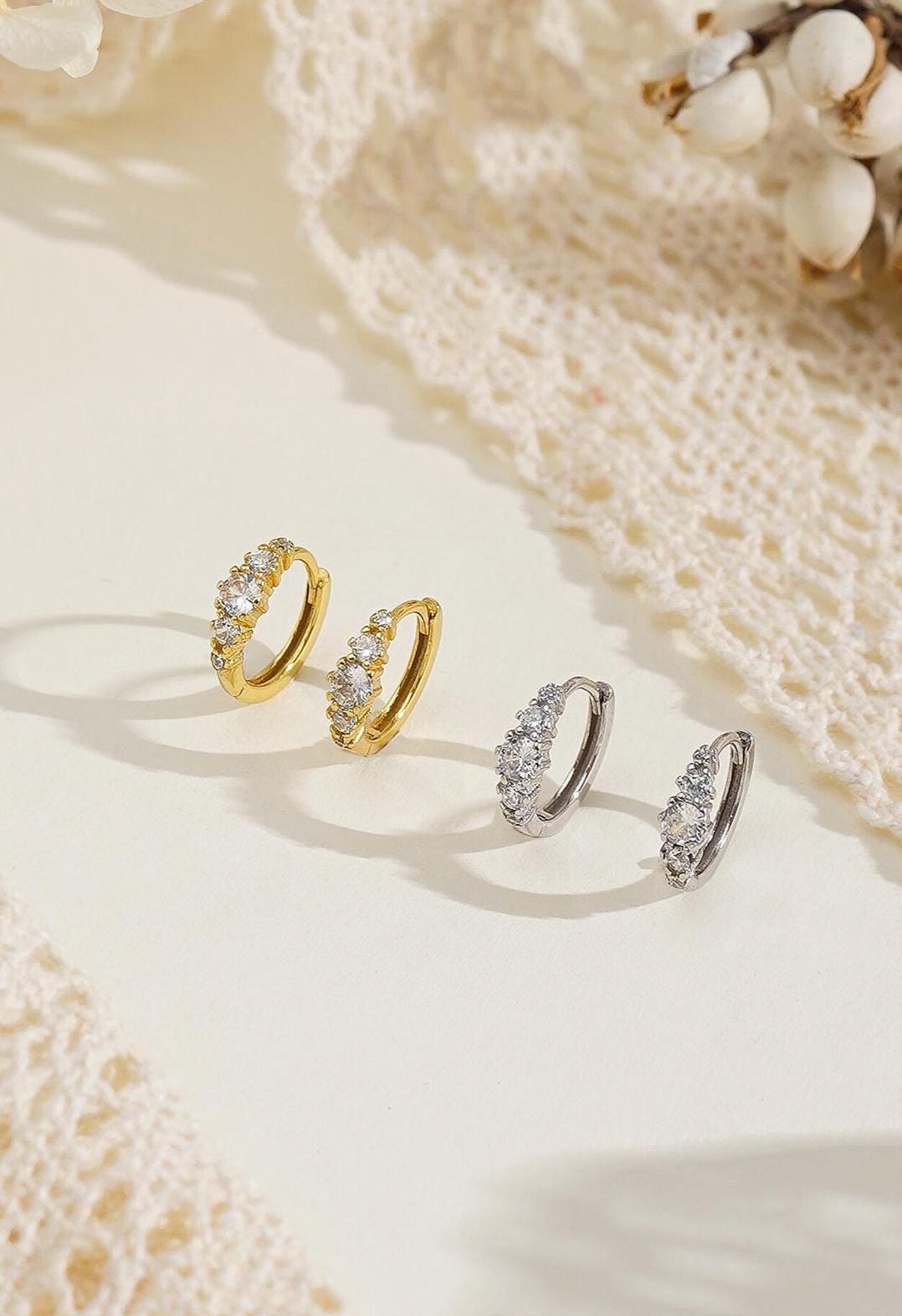 Classic Diamond Hoop Earrings, Minimalist Huggie Earrings, 925 Sterling Silver Earrings for Mom, Everyday Earrings, Bridesmaid Gift for Her