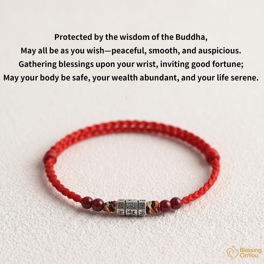 Tibetan Six Syllable Mantra Bracelet | Handwoven Red String Protection Bracelet | Cinnabar Energy Amulet | Buddhist Blessing Gift
