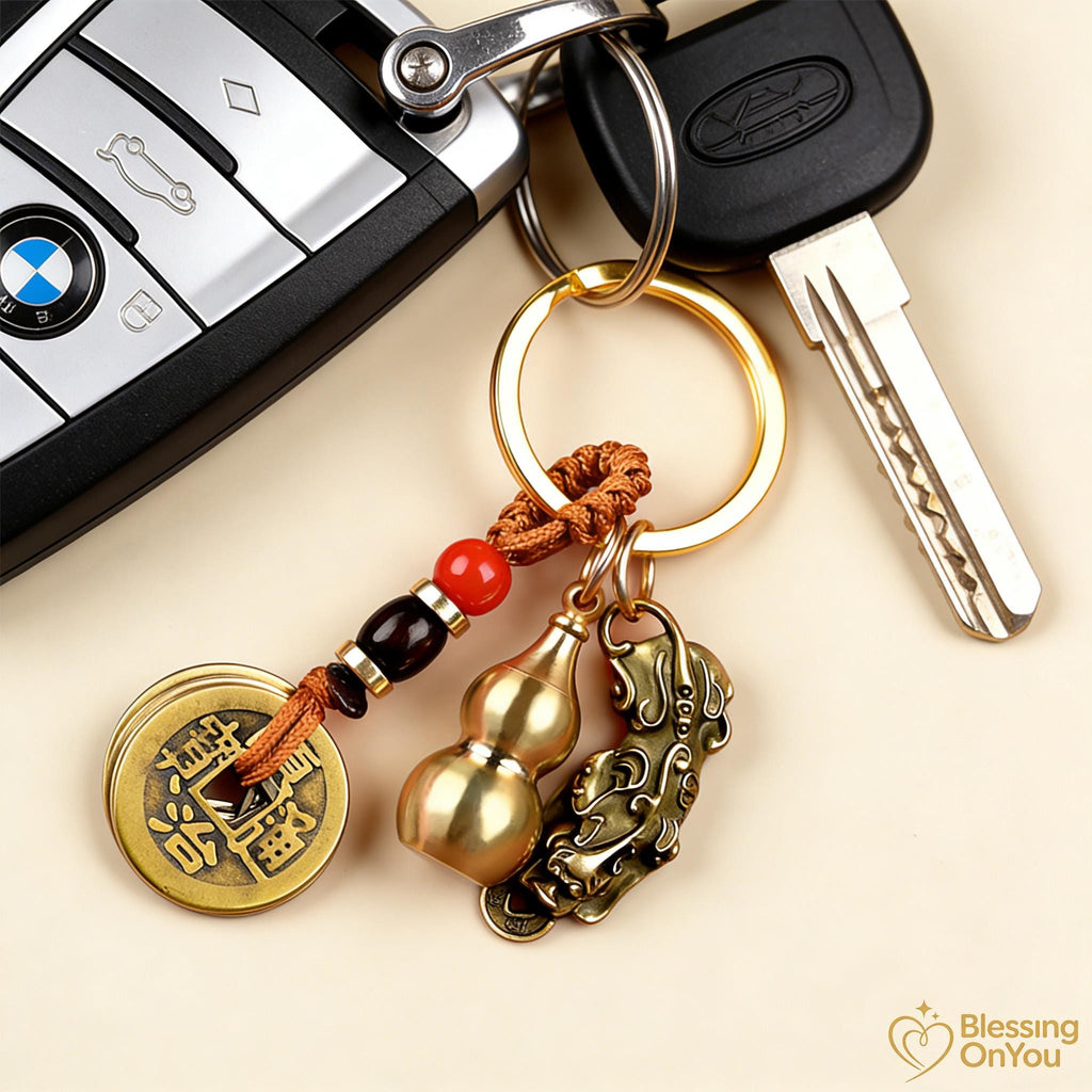 Feng Shui Lucky Cat Keychain, Five Emperor Coins Brass Keychain, Pixiu Wealth Charm, Wu Lou Gourd, Protection Amulet, Lucky Gift