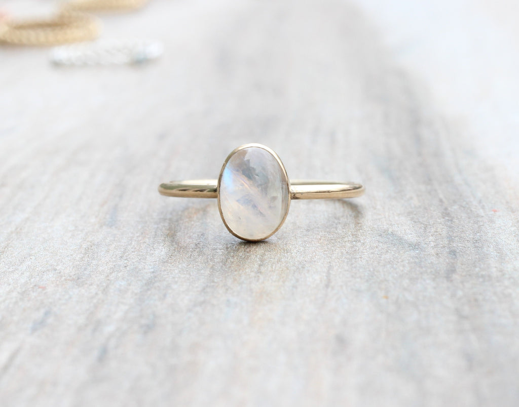 14K Gold Filled or Sterling Silver Rainbow Moonstone Ring: Oval Stacking Ring
