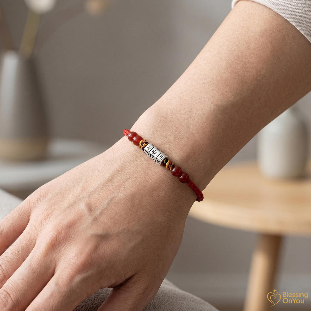 Tibetan Six Syllable Mantra Bracelet | Handwoven Red String Protection Bracelet | Cinnabar Energy Amulet | Buddhist Blessing Gift