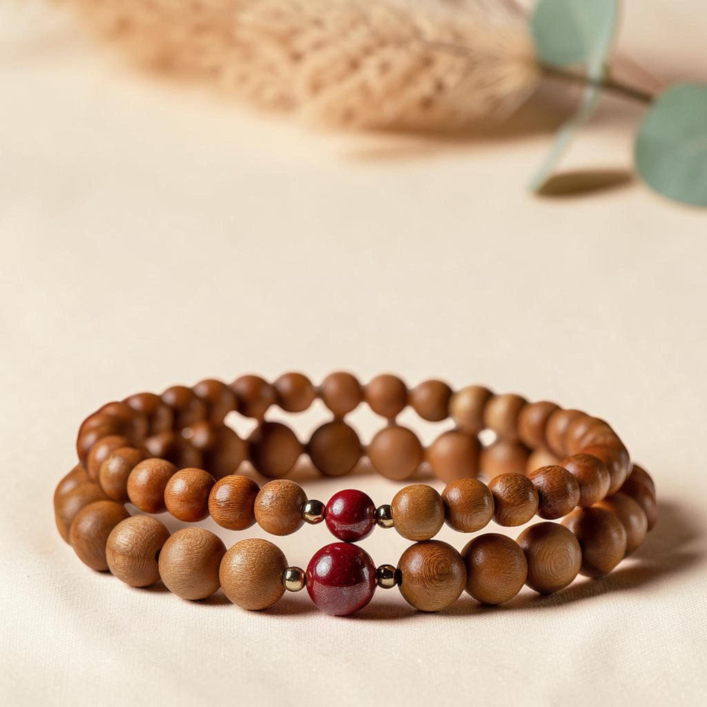 Peach Wood Beaded Bracelet, Peace & Protection Bracelet, Temple Blessed Prayer Gift, Cinnabar Lotus Bracelet, Spiritual Gift